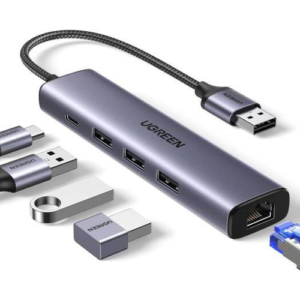 UGREEN USB3.0 to 3×USB3.0 + RJ45 (1000M) Ethernet Adapter Type-C Power Supply
