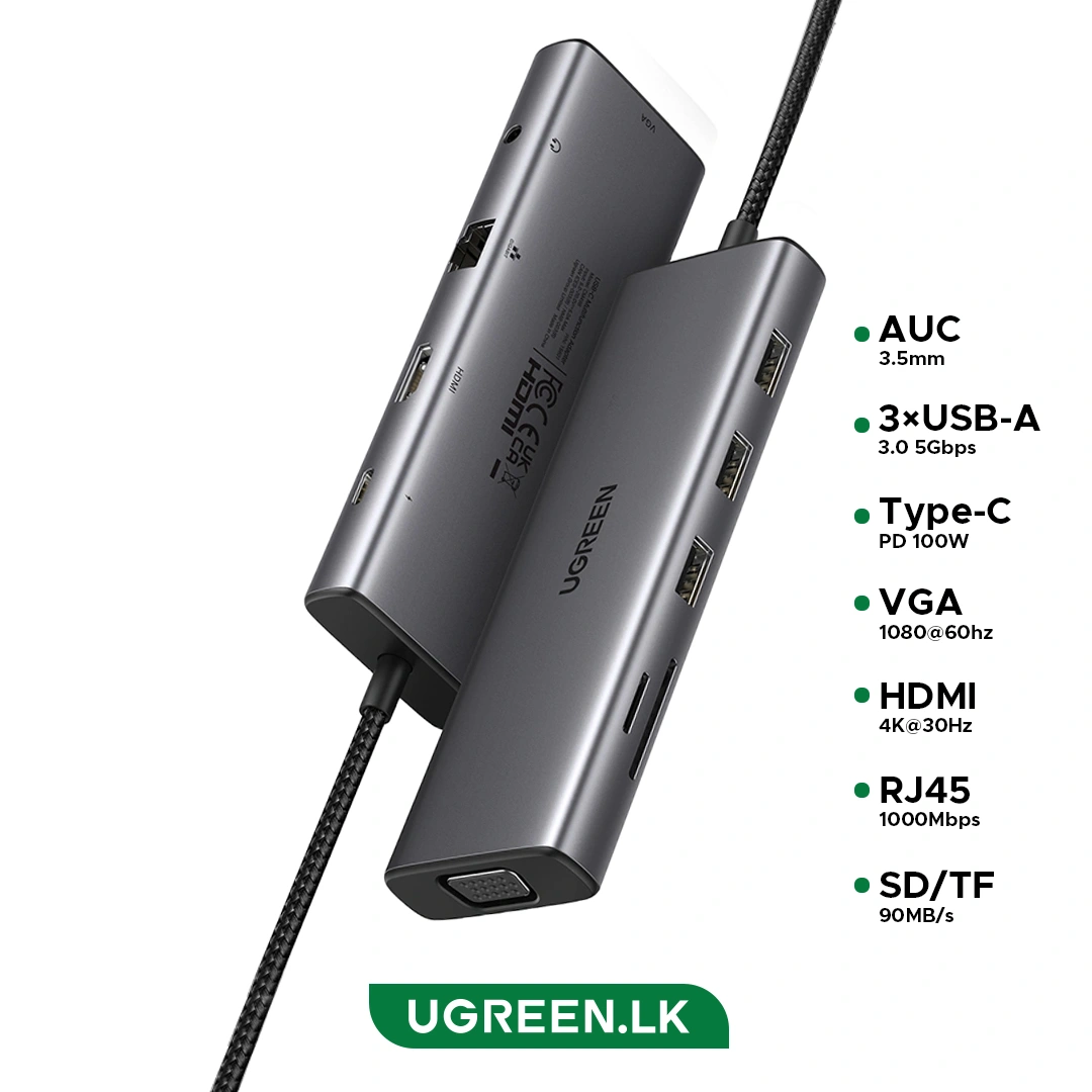 UGREEN 10-in-1 USB-C Multifunction Adapter, USB-C to USB3.0 (1 Port) + USB2.0 (2 Port) + USB-C 3.0 (1 Port) + 4K HDMI (2 Port) + RJ45 Gigabit + SD & TF + PD Port Converter