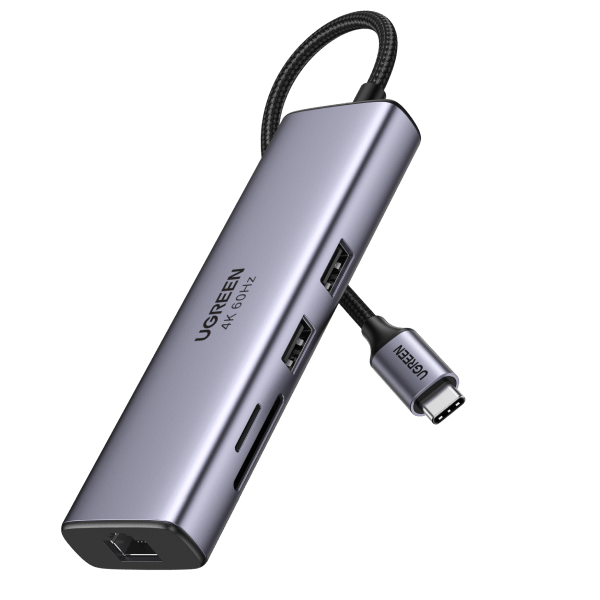 UGREEN 7-in-1 Multifunction Adapter, USB-C to USB 3.0 A (2 Port) + USB-C + 4K HDMI + SD & TF Card Reader + PD Converter