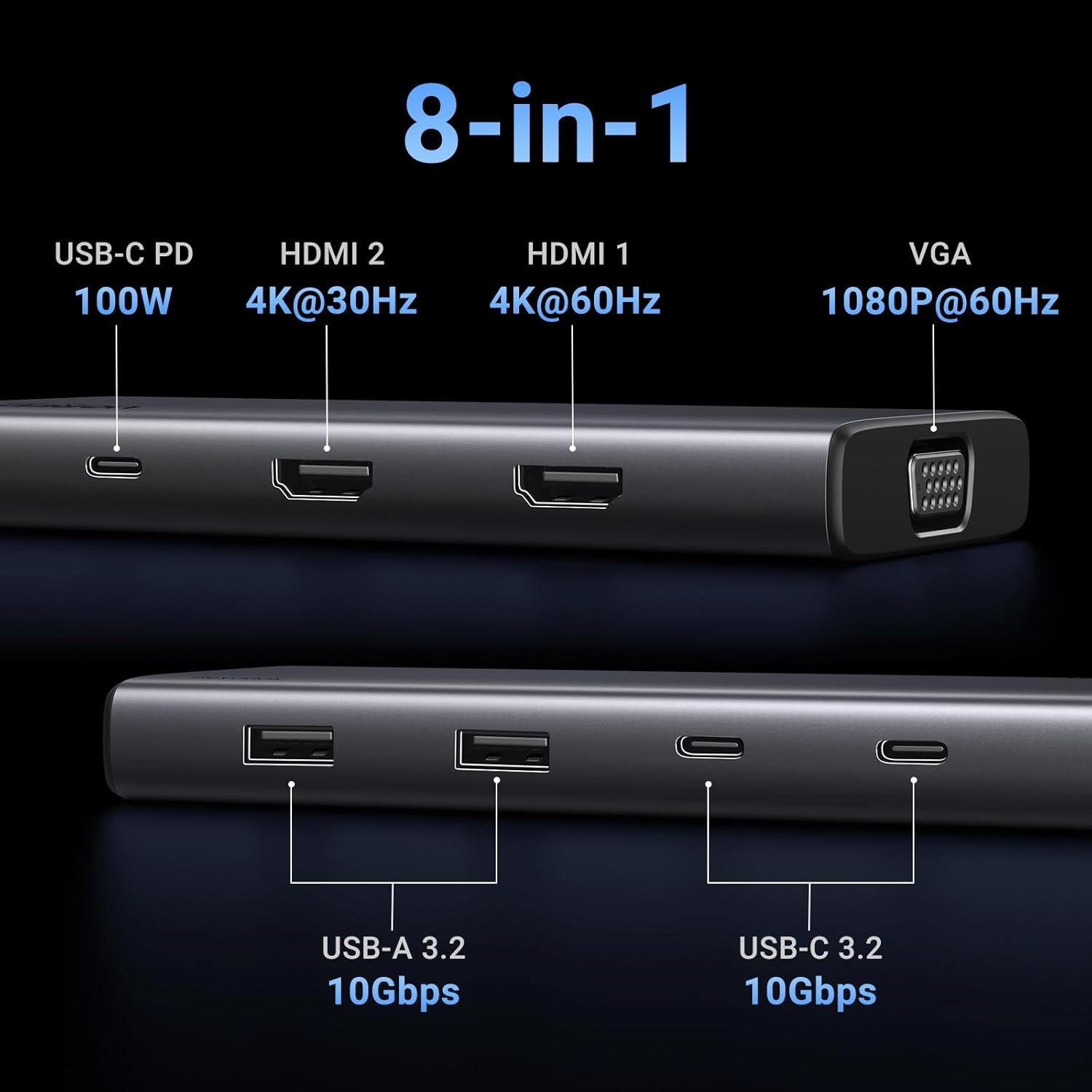 UGREEN 8-in-1 Multifunction Adapter, USB-C to USB3.2 (2 Port) + USB-C3.2 (2 Port) + 4K HDMI (2 Port) + VGA + PD Port Converter