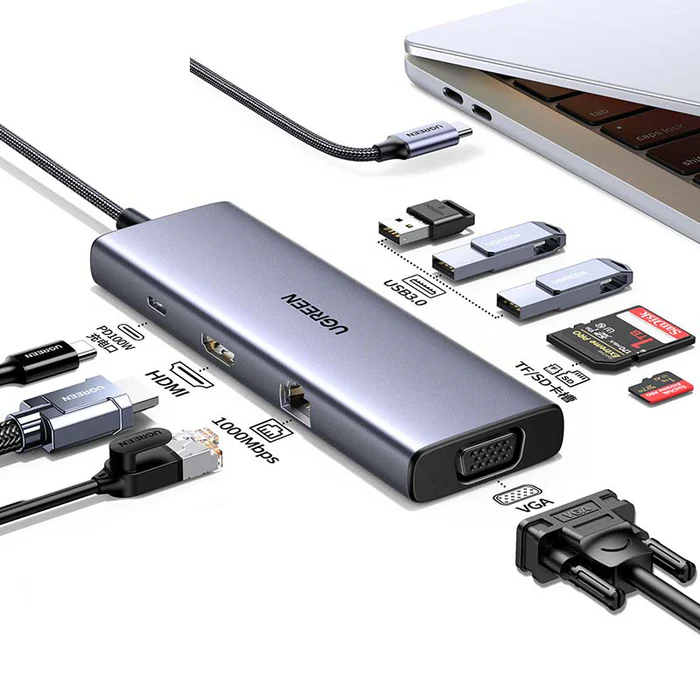 UGREEN 9-in-1 USB-C Multifunction Adapter, USB-C to USB 3.2 (2 Port) + USB-C3.2 (1 Port) + 4K HDMI (2 Port) + DP (2 Port) + RJ45 Gigabit + PD Port Converter