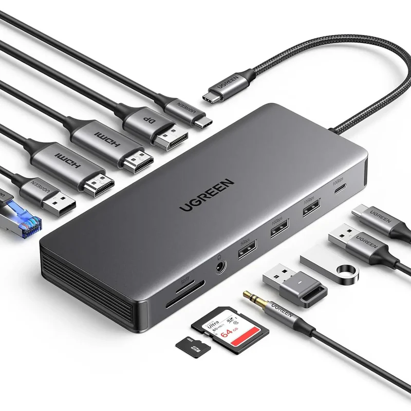 UGREEN Revodok Pro 313 USB-C 13-in-1 Docking Station: 2x USB-A 3.2 + 2x USB-A 3.0 + 1x USB-C 3.2 + 2x HDMI + 1x DisplayPort + 1x RJ45 + SD & TF + AUX + USB-C + PD - Image 3