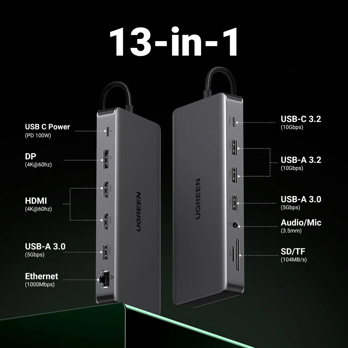 UGREEN Revodok Pro 313 USB-C 13-in-1 Docking Station: 2x USB-A 3.2 + 2x USB-A 3.0 + 1x USB-C 3.2 + 2x HDMI + 1x DisplayPort + 1x RJ45 + SD & TF + AUX + USB-C + PD - Image 2